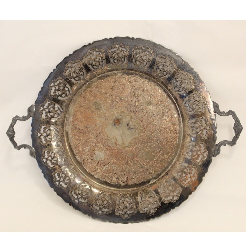 Vintage Antique Victorian Silver Plated Copper Serving Platter Tray w handle 12"